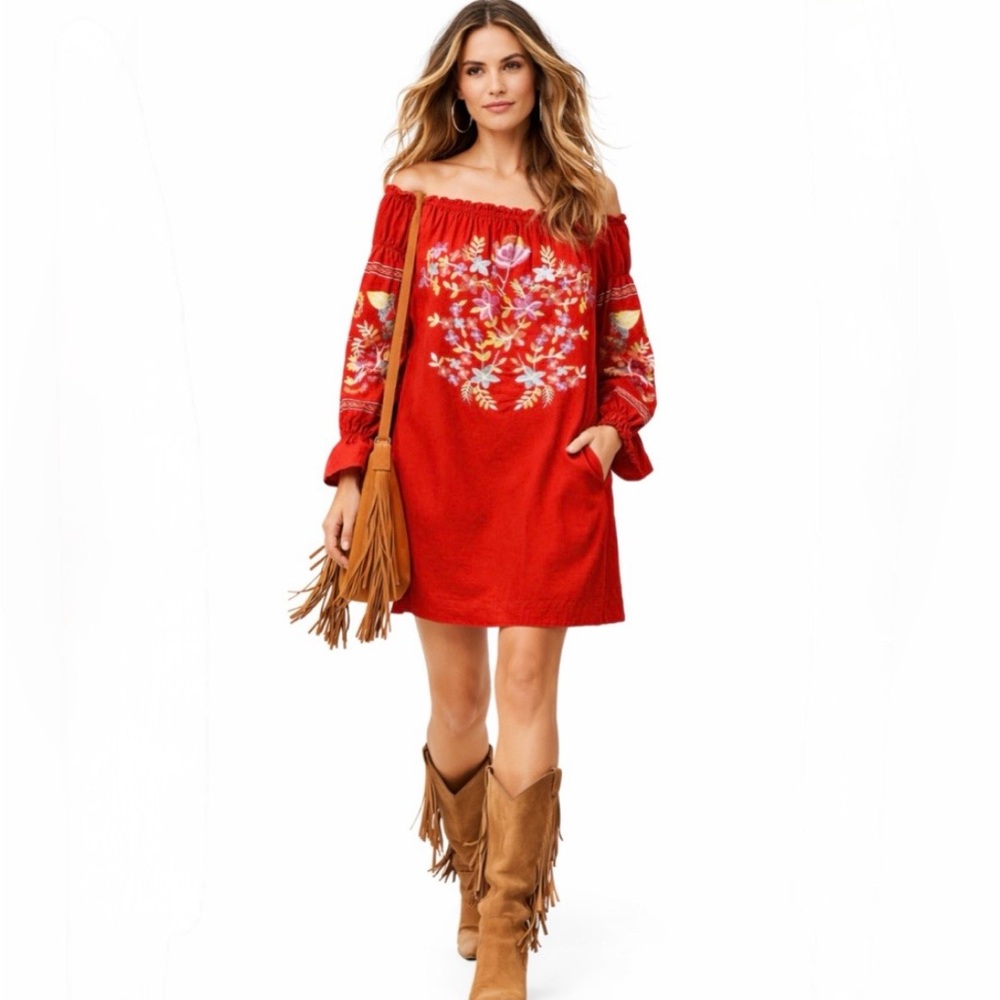 Free People Fleur Du Jour Enchanted Garden Off Shoulder Embroidered Dress XS💛